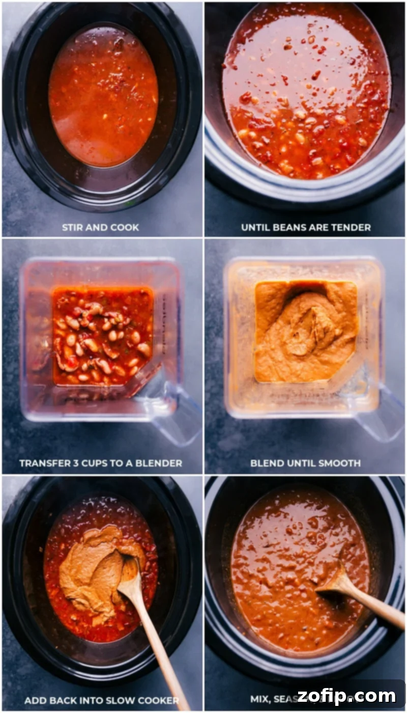 You won't believe how simple these from-scratch Pinto Beans are -- no soaking required! These delicious beans are deeply savory with a smoky flavor and have the best creamy texture! Recipe via ChelseasMessyApron.com #pintos #pintobeans #instantpot #crockpot #slowcooker #nosoak #easy Process shot: cooked pinto beans are stirred, a portion is blended until smooth, then returned to the pot, seasoned, and prepared for serving.