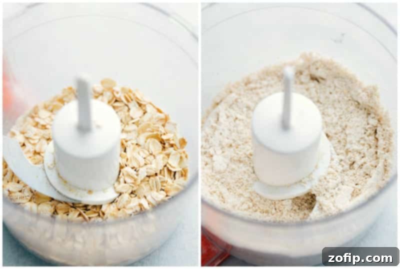 Preparing Oat Flour for Gluten-Free Pumpkin Cake Recipe Creating oat flour for the gluten free pumpkin cake recipe, blending oats into a fine powder.