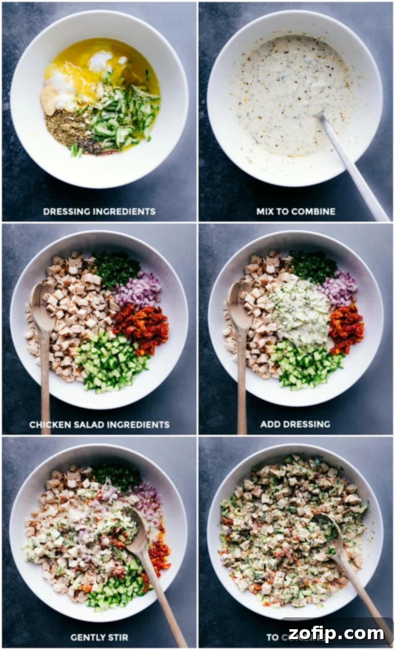 How To Make These Greek Chicken Wraps Combine the dressing ingredients in one bowl and the salad ingredients in another, then mix everything together.
