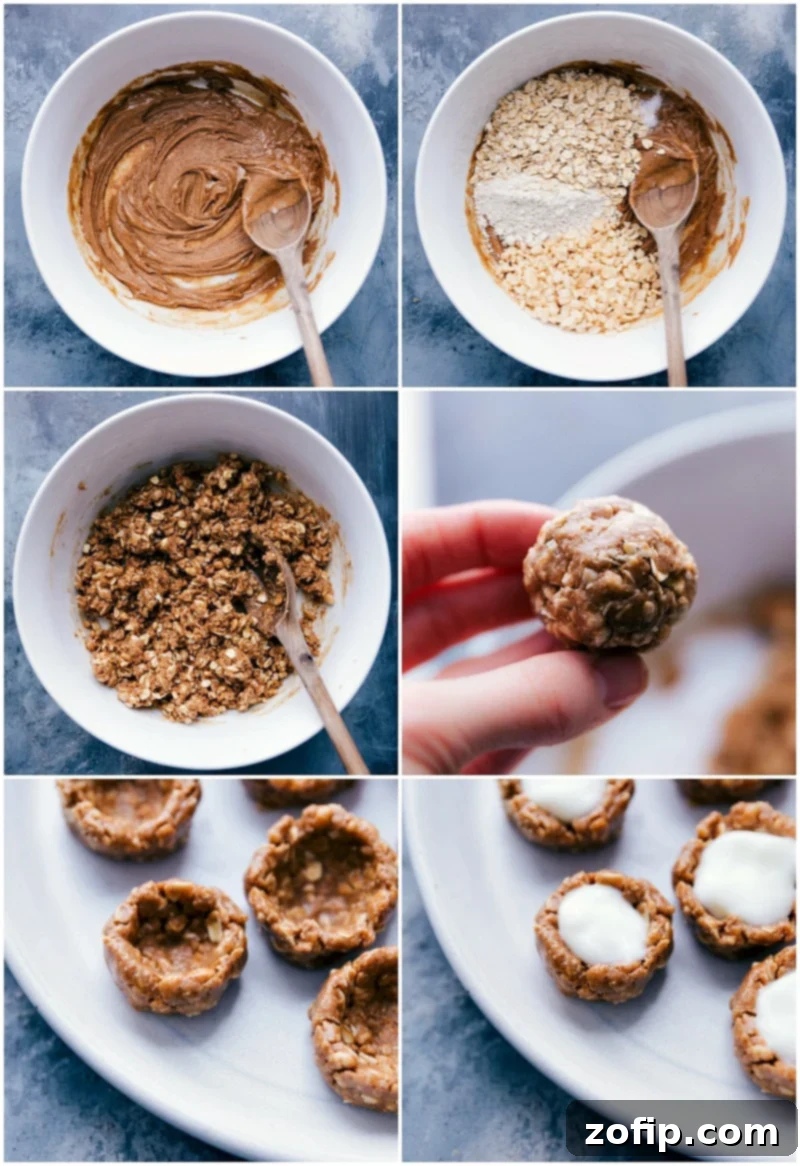 Step-by-step process of making healthy fruit tarts, showing ingredients combined, rolled into balls, and pressed into tart cup shapes.