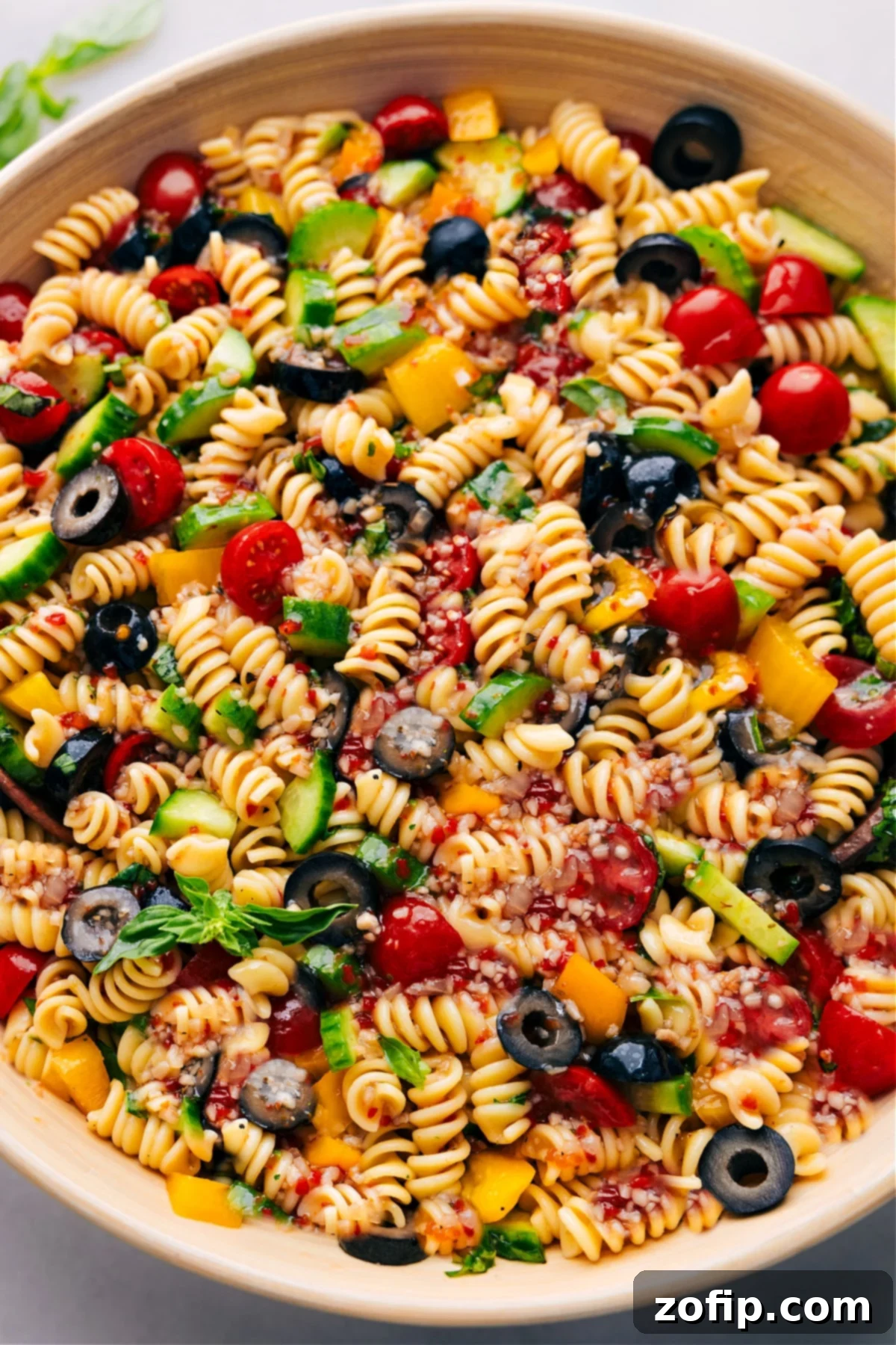 Zesty Italian Pasta Salad Pasta Salad in a bowl ready to be enjoyed.