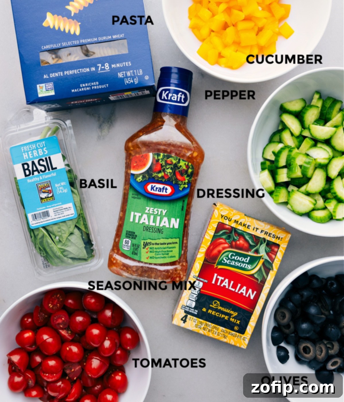 The Best Pasta Salad Ingredients All the ingredients in this recipe prepped out for easy assembly.