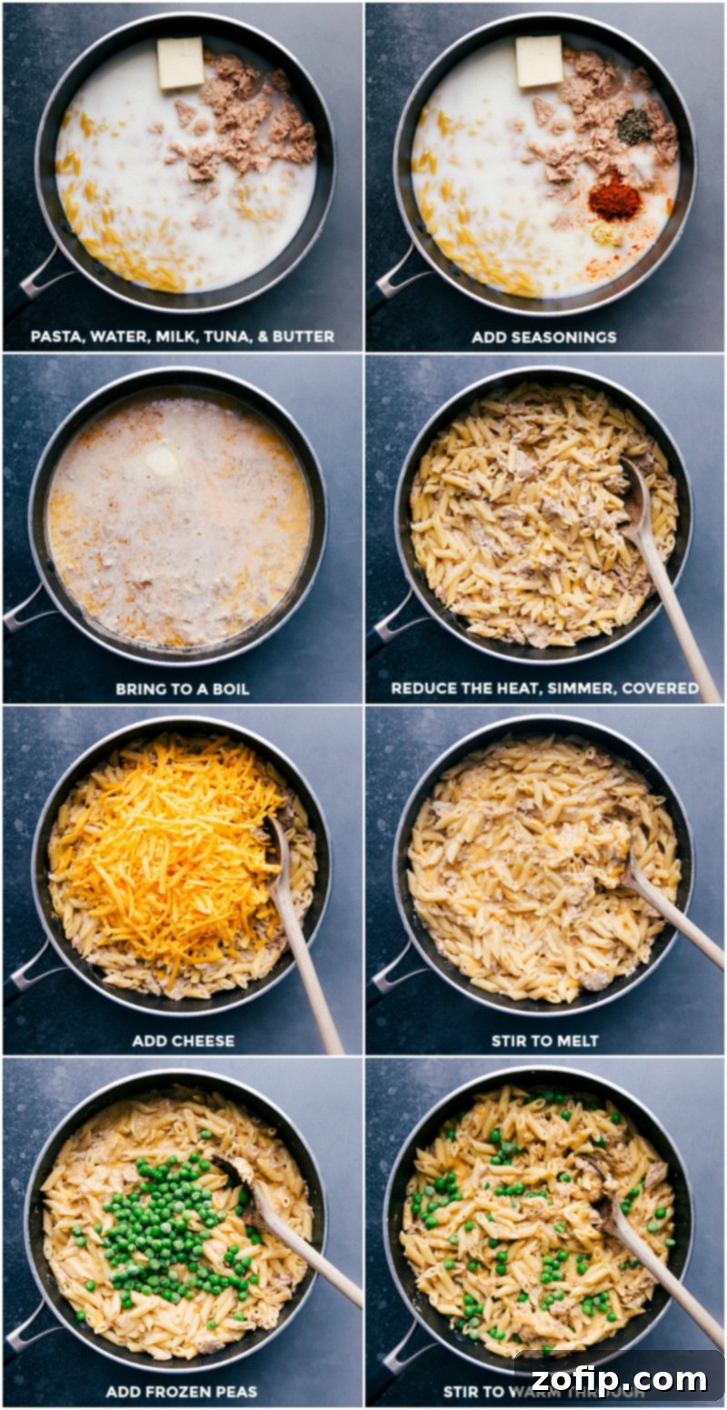 Making Tuna Pasta - Boiling Ingredients, Adding Cheese and Peas, Warming Through Combining noodles, water, milk, and seasonings, bringing to a boil, adding cheese, then peas, and warming through.