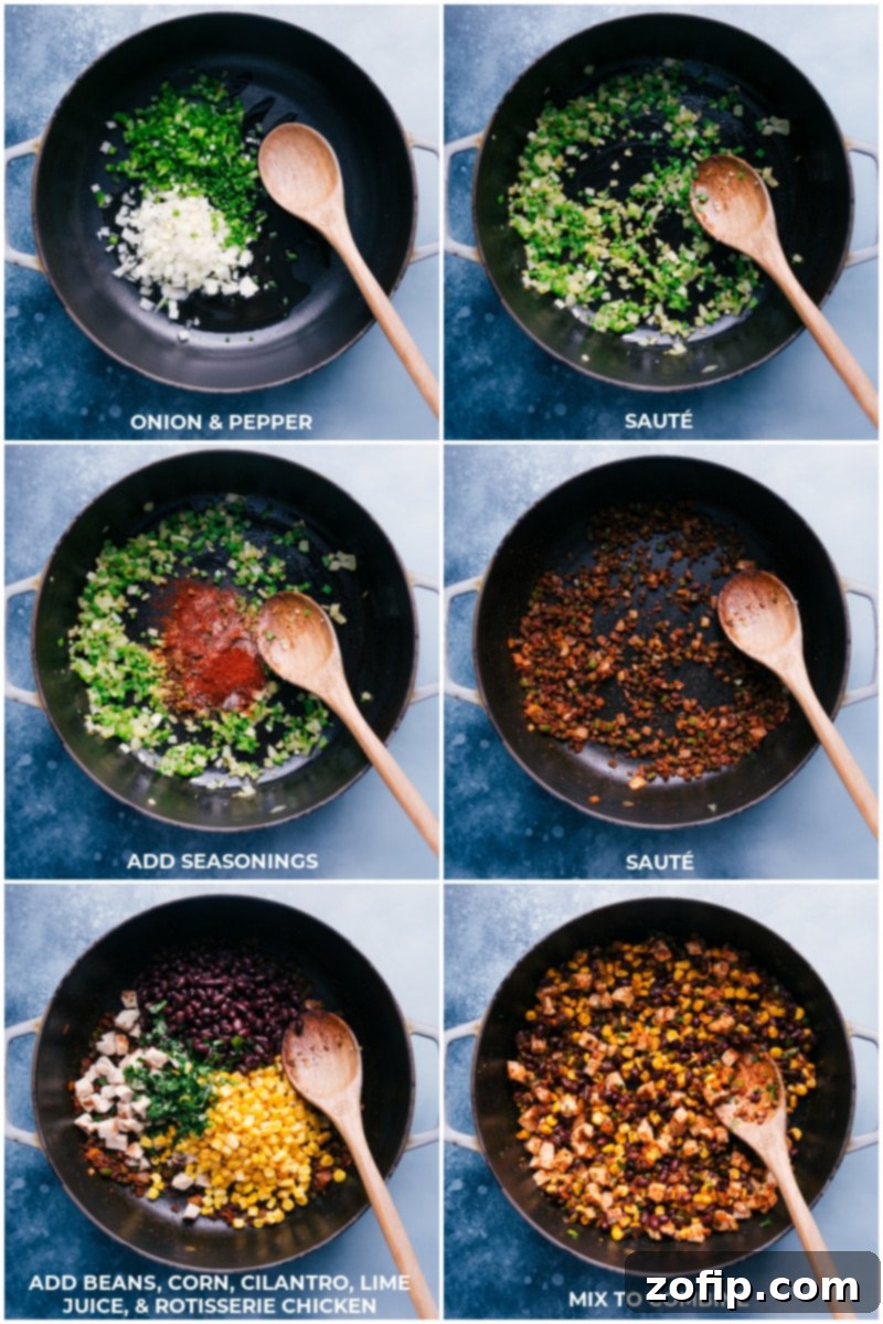 Step-by-step process of preparing the Southwest Egg Roll filling. Process shots: Sauté onions and peppers; add seasonings and continue cooking; add beans, corn, cilantro, lime juice and chicken; mix well to combine.