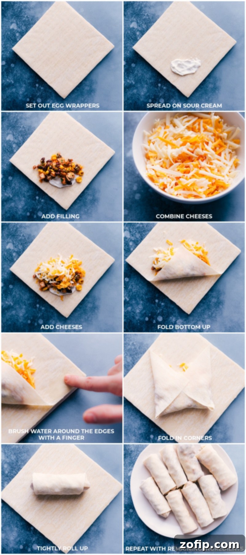 Visual guide for rolling Southwest Egg Rolls. Process shots: set out egg roll wrappers, spread on sour cream; add filling; combine and add cheeses; fold up bottom, brush water around edges; fold in corners; tightly roll and continue with the remaining wrappers.