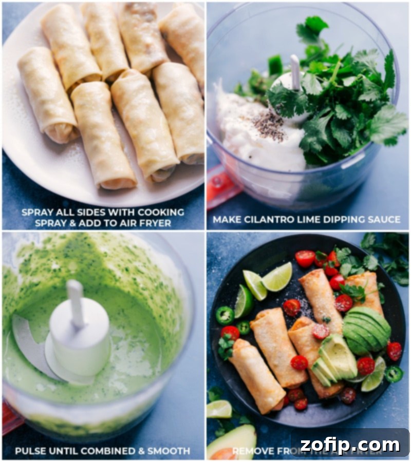 Finished Air Fryer Southwest Egg Rolls with cilantro-lime dipping sauce. Process shots: spray all sides of the eggroll with cooking spray; make cilantro-lime dipping sauce; remove egg rolls from the air fryer and serve.