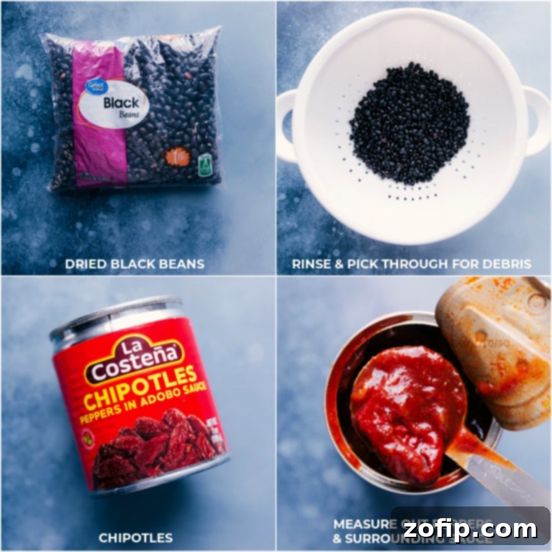 Preparation scene for Black Beans: showing dried black beans being rinsed in a colander, alongside neatly measured out chipotle peppers in adobo sauce and diced bell peppers.