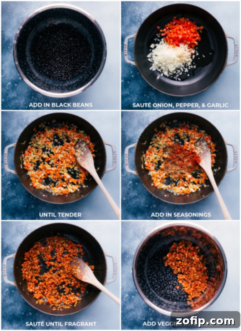 Step-by-step process of preparing Black Beans: First, dried beans are added to a pot. Next, diced onion, red bell pepper, and garlic are sautéed until tender. Then, seasonings are mixed in and sautéed further. Finally, the aromatic sautéed mixture is transferred to the pot with the beans.