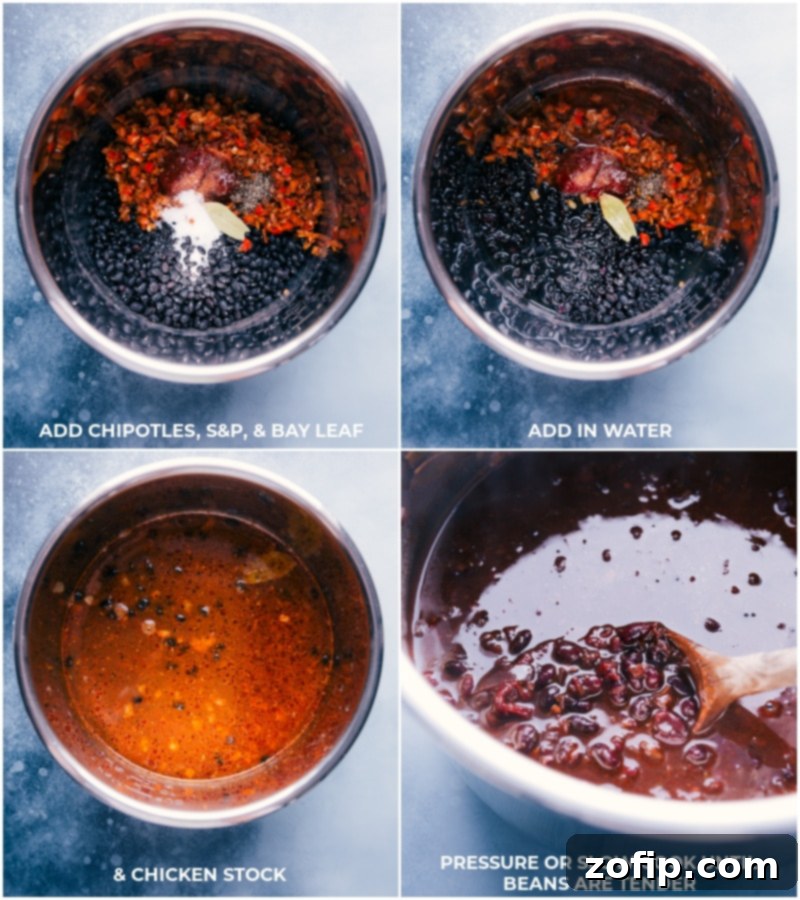 Process shots showing ingredients added to the pot: chipotle peppers, salt, pepper, and various seasonings are incorporated. Then, water and chicken stock are poured in, followed by the beans cooking until tender and ready for serving.