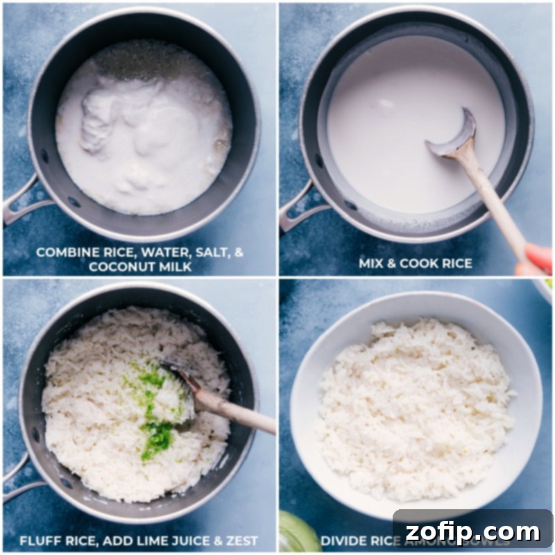 Black Bean Power Bowls 5 Process shots demonstrating the preparation of Coconut-Lime Rice: combining ingredients, cooking until tender, fluffing with a fork, and adding fresh lime zest and juice.