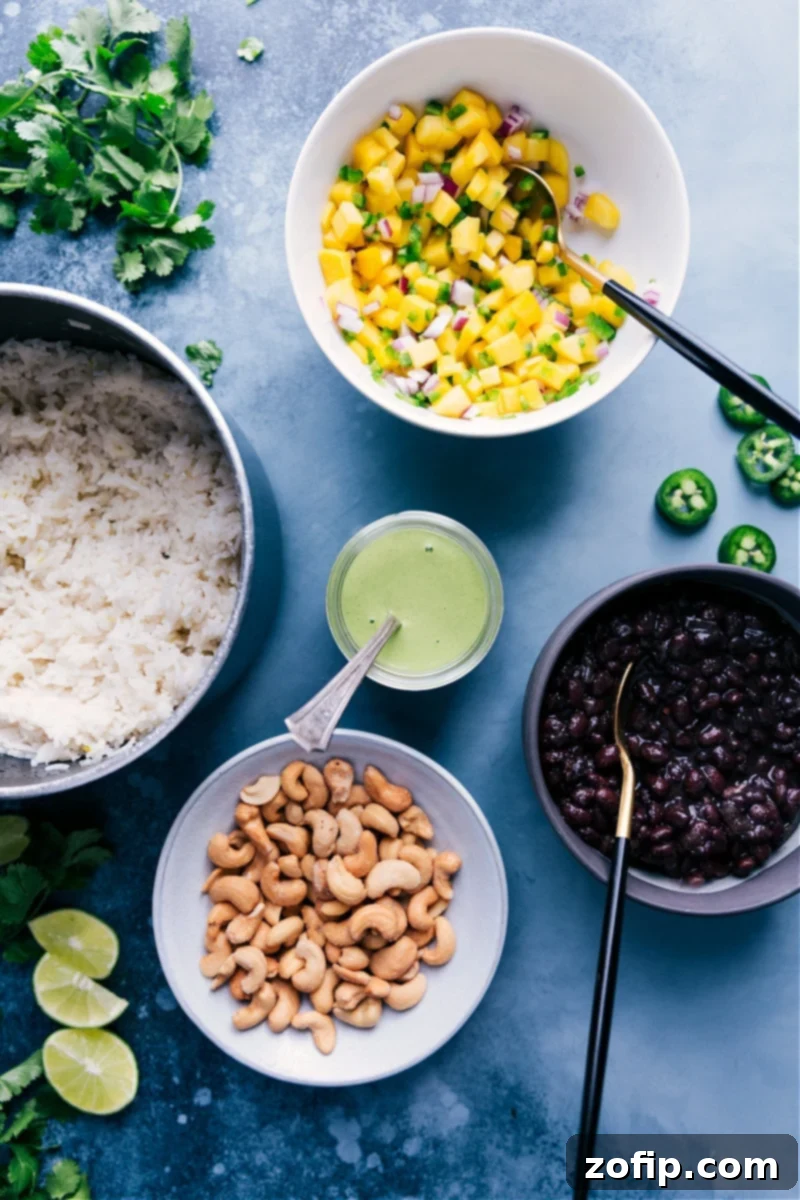 Black Bean Power Bowls 6 Overhead view showcasing all the individual components of the Black Bean Bowls arranged before assembly.