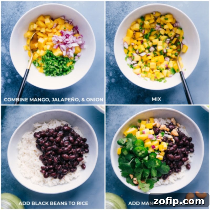 Black Bean Power Bowls 7 Process shots demonstrating the simple preparation of the mango, jalapeño, and red onion topping: combining all ingredients in a bowl and mixing well.