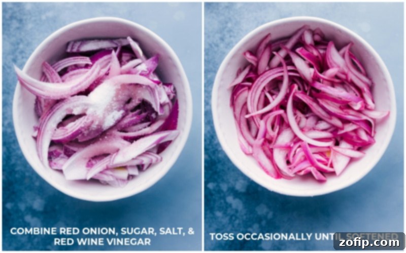 Our quick-pickled red onions, an essential tangy element for healthy, fresh, and crunchy Pinto Bean Tacos. Process shot showing thinly sliced red onions being mixed in a bowl with pickling liquid, highlighting the vibrant color transformation.