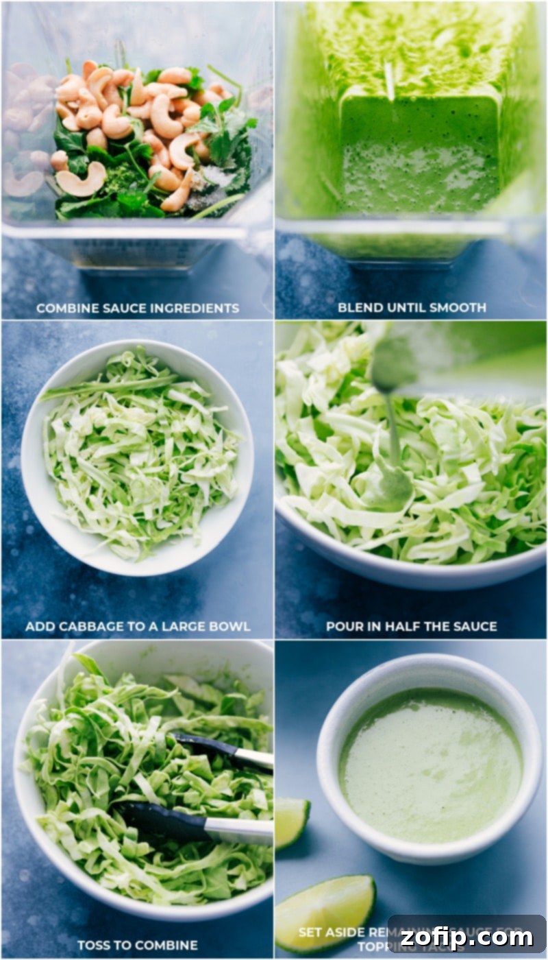 The secret ingredient for our healthy and flavorful Pinto Bean Tacos: a luscious cilantro-lime cashew sauce, adding creamy texture and zesty notes. Process shot of a creamy, vibrant green cilantro-cashew sauce in a blender, ready to be drizzled over the Pinto Bean Tacos.