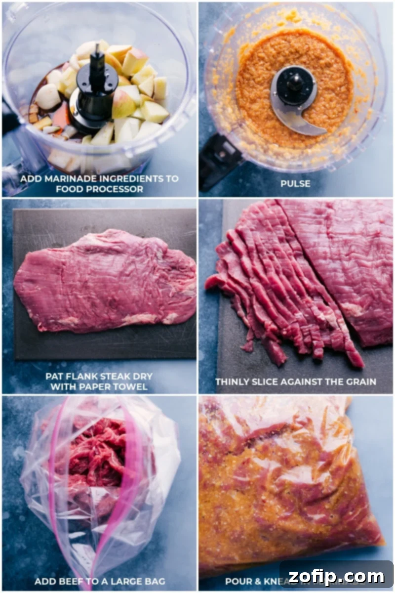 The foundation of incredible Korean Beef Tacos lies in a simple yet powerful marinade and perfectly sliced flank steak, ensuring maximum flavor. Process shots showing the preparation of Korean Beef Tacos: making the marinade in a food processor, thinly slicing flank steak against the grain, and marinating beef in a plastic bag.