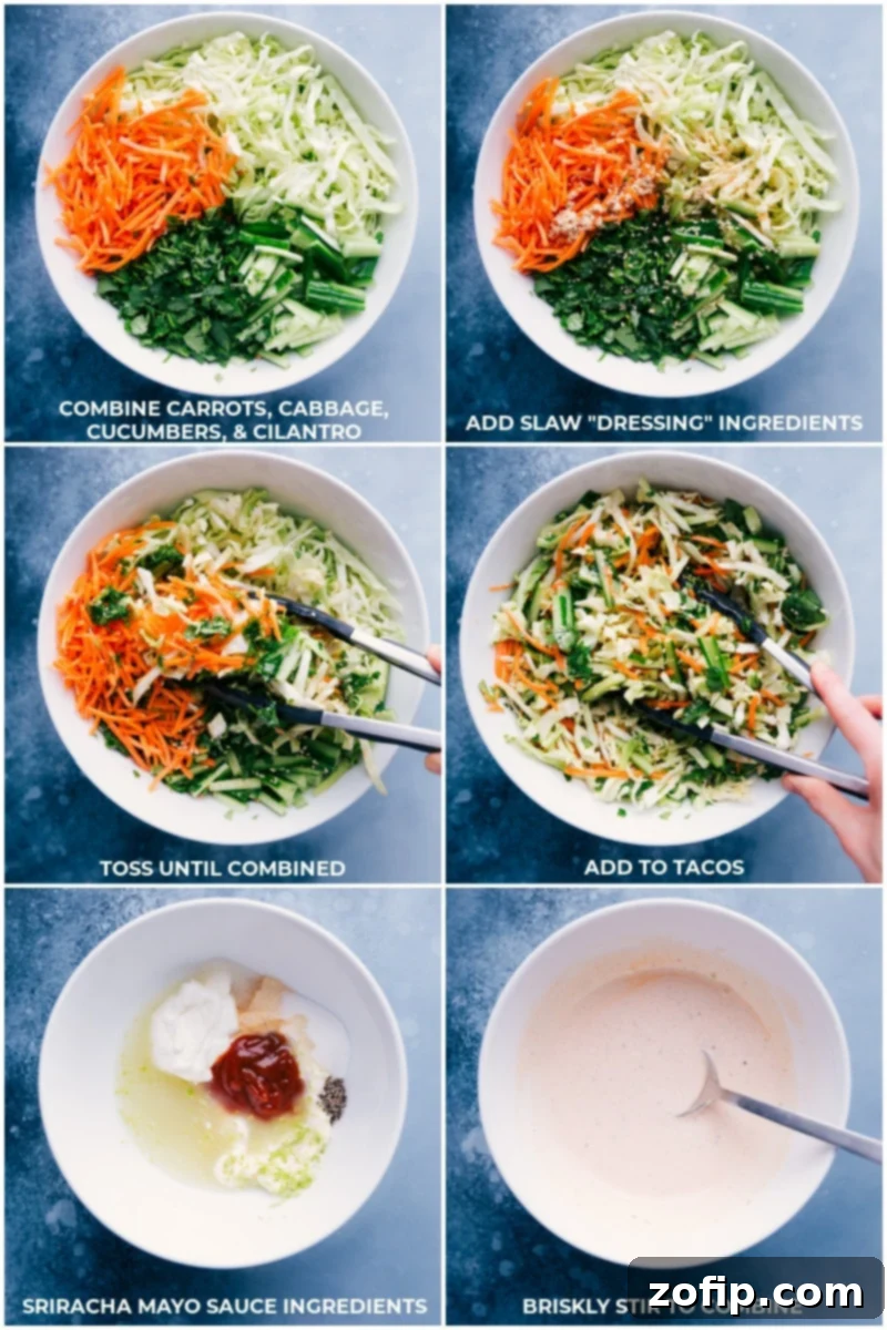 Achieve perfect Korean Beef Tacos with a vibrant quick veggie slaw and a delicious Sriracha-lime sauce, complementing the savory marinated beef. Process shots demonstrating the creation of the quick slaw and Sriracha-lime sauce for Korean Beef Tacos. Includes images of combined vegetables, dressing ingredients, and the finished sauce.