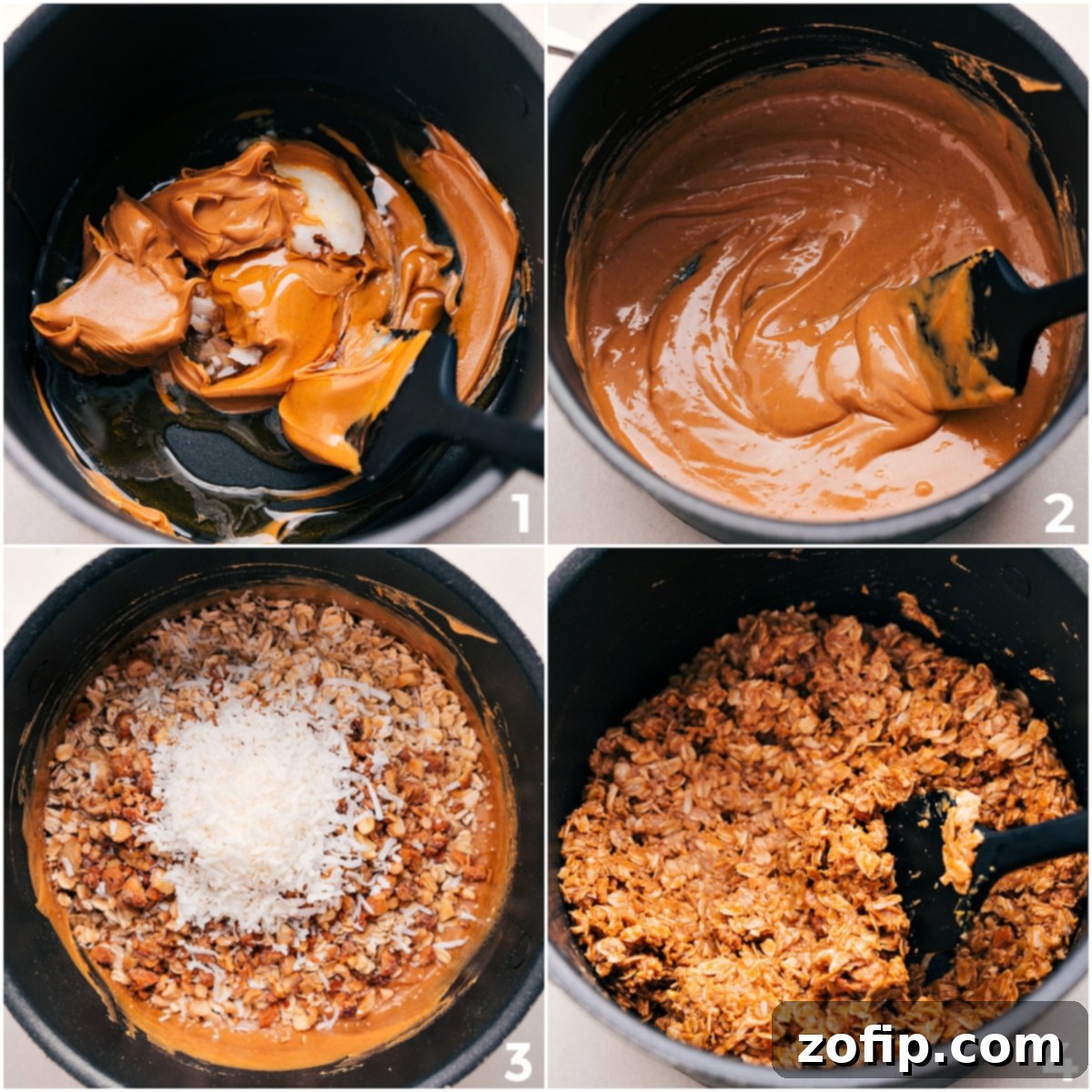 How To Make Chewy Granola Bars A pot on the stovetop filled with a creamy peanut butter and honey mixture, ready for oats, cashews, and coconut to be added for homemade granola bars.