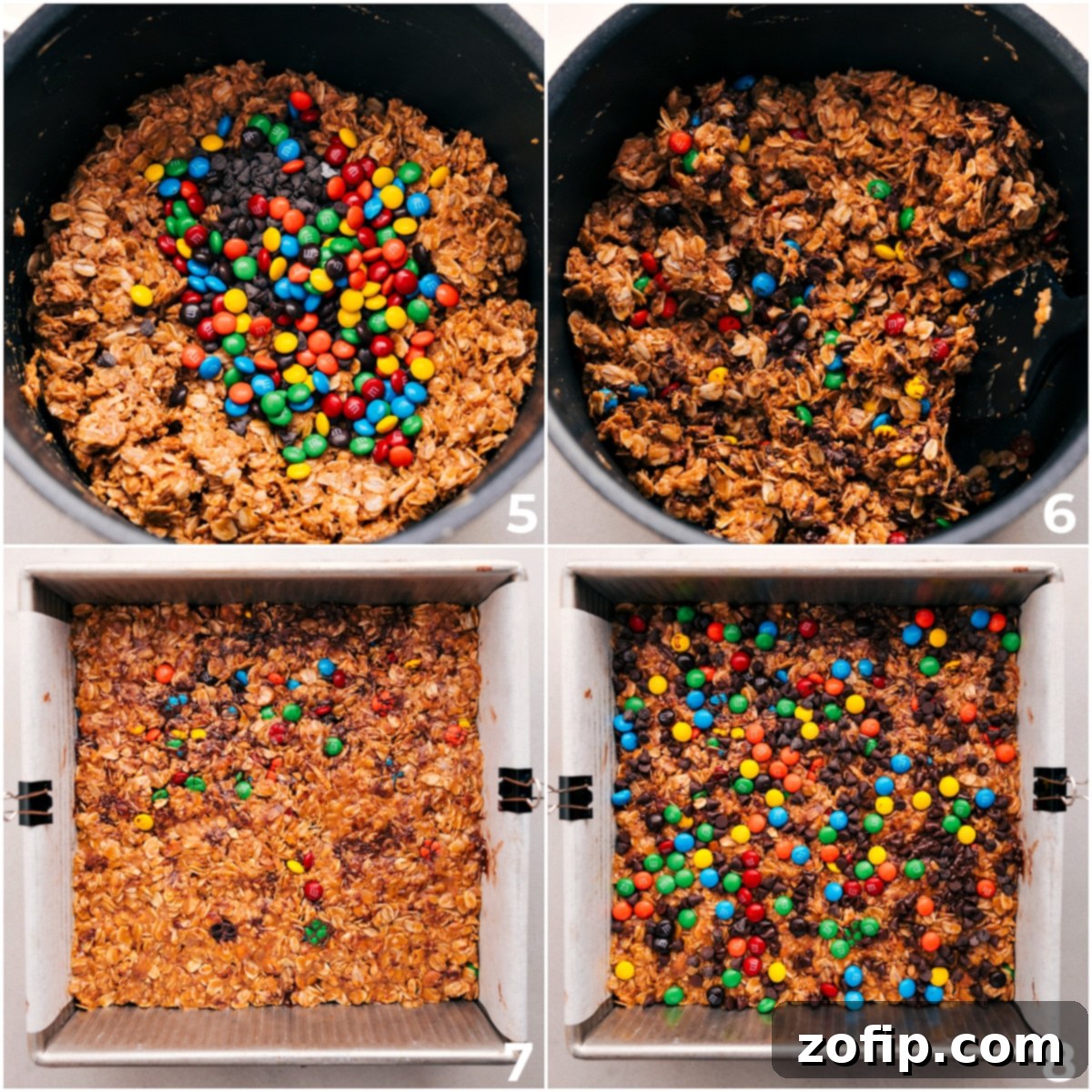The Best Snack: Chewy Granola Bars The final step for chewy granola bars: mixing M&M's and chocolate chips into the oat mixture and pressing it firmly into a baking pan.