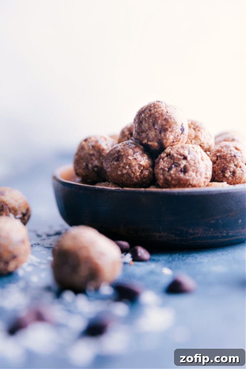 Wholesome Oatmeal Bites 2 A beautifully arranged bowl of Oatmeal Energy Balls, showcasing their wholesome ingredients and inviting texture. They are simple, seven-ingredient treats filled with oats, coconut, and chunks of chocolate, reminiscent of healthy oatmeal chocolate chip cookies.