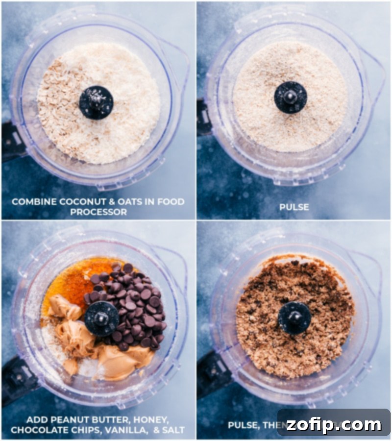 Wholesome Oatmeal Bites 3 Process shots: A sequence showing the preparation of Oatmeal Energy Balls, including combining coconut and oats in a food processor, pulsing to create a fine flour, adding remaining ingredients, pulsing again, and finally rolling the mixture into perfect, bite-sized balls.