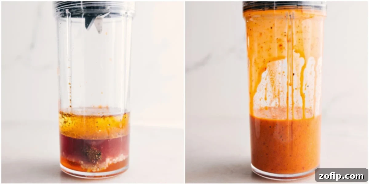 Chipotle-lime vinaigrette in a blender before and after mixing.