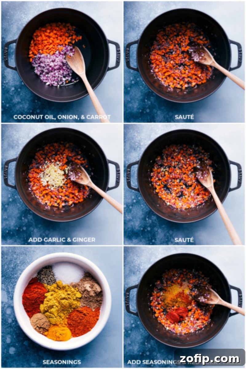 Step-by-step image showing coconut oil, diced onion, and carrots sautéing in a pot, followed by the addition of minced garlic, ginger, and various aromatic spices.