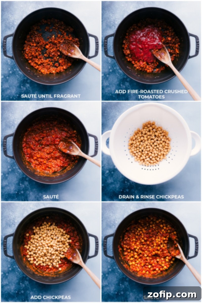 The cooking process of Chickpea Curry: Spices and vegetables are sautéed, followed by the addition of fire-roasted tomatoes. Canned chickpeas, thoroughly rinsed and drained, are then added to the pan and stirred, preparing for the creamy coconut sauce.