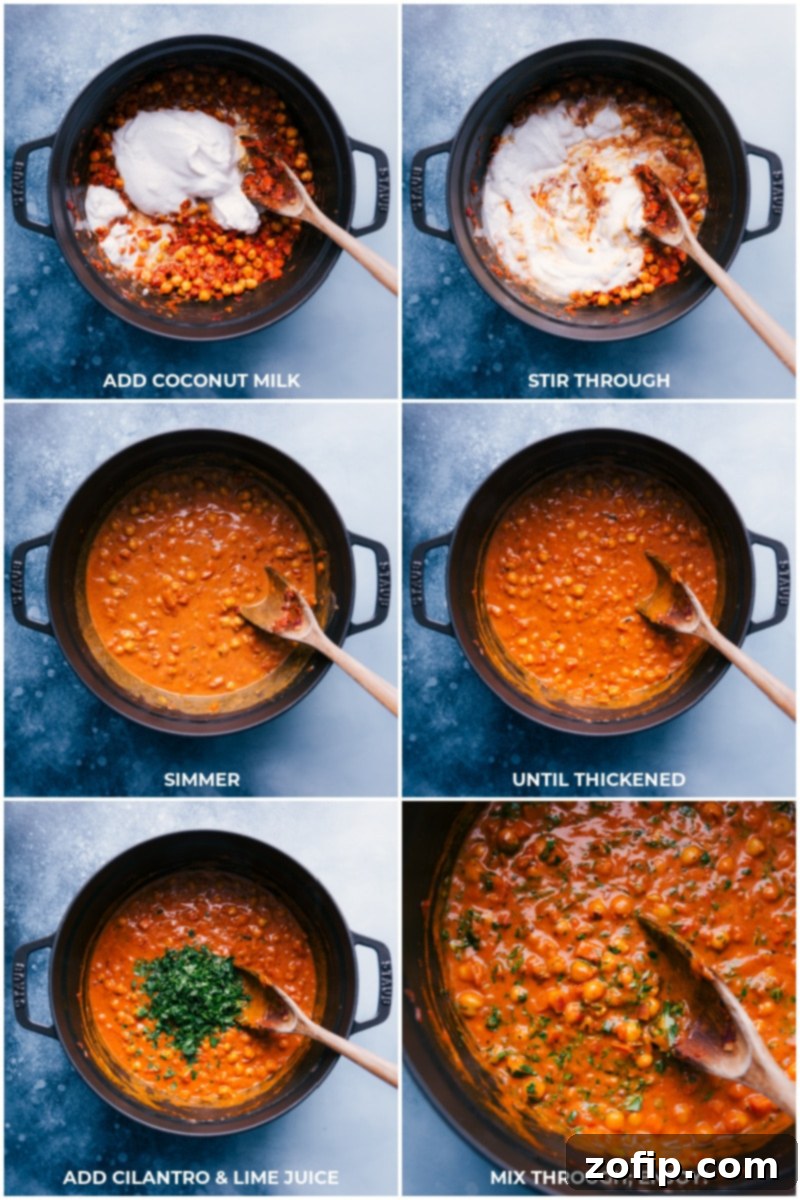 The final stage of cooking Chickpea Curry: Creamy coconut milk is added to the pan, stirred into the spiced vegetable and chickpea mixture, then simmered until thickened. Fresh cilantro and lime juice are stirred in just before serving.