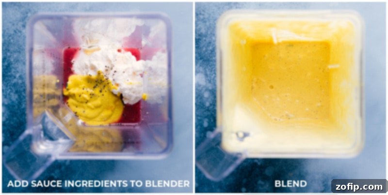 Images showing the honey mustard sauce ingredients before blending and the smooth, creamy sauce after blending.