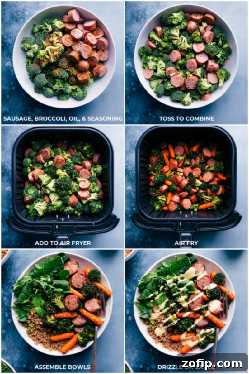 Process shots: Combine sausage, broccoli, oil and seasonings in a bowl; Add to air fryer basket and cook; Divide among bowls; drizzle generously with honey mustard sauce.