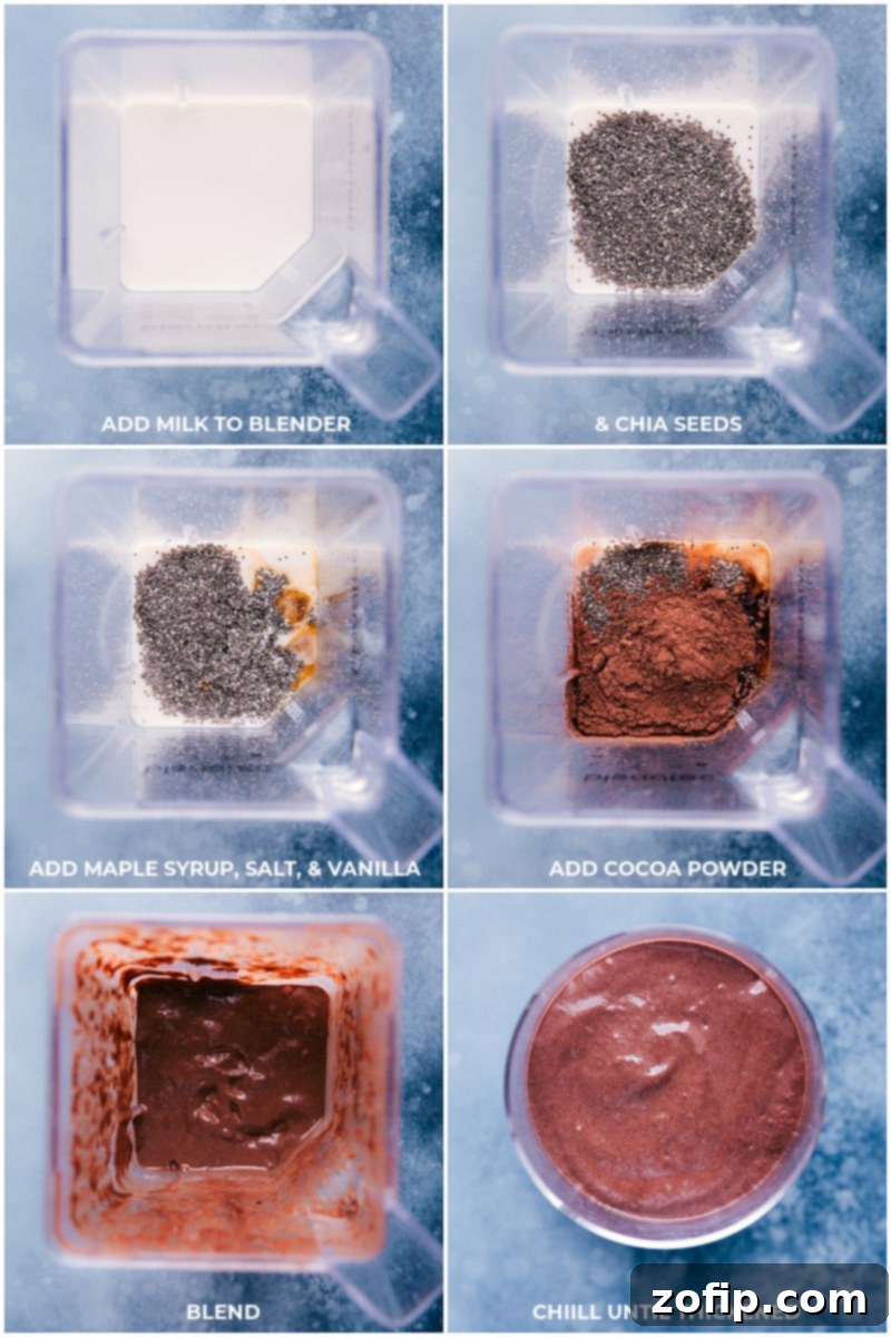 All the ingredients for chocolate chia seed pudding placed in a blender, ready to be combined for a smooth consistency.