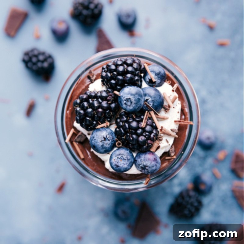 Overhead view of a glass jar filled with smooth chocolate chia seed pudding, topped generously with fresh raspberries, blueberries, and a swirl of coconut whipped cream.