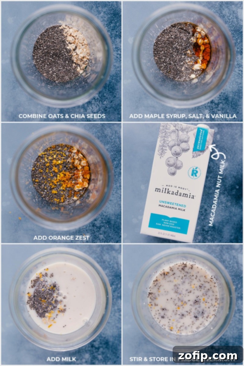 Easy Chia Seed Pudding Prep: Combine ingredients, stir, and chill for a healthy make-ahead breakfast. Process shots showing ingredients for chia seed pudding being added to a cup, stirred, and then stored in the fridge overnight.