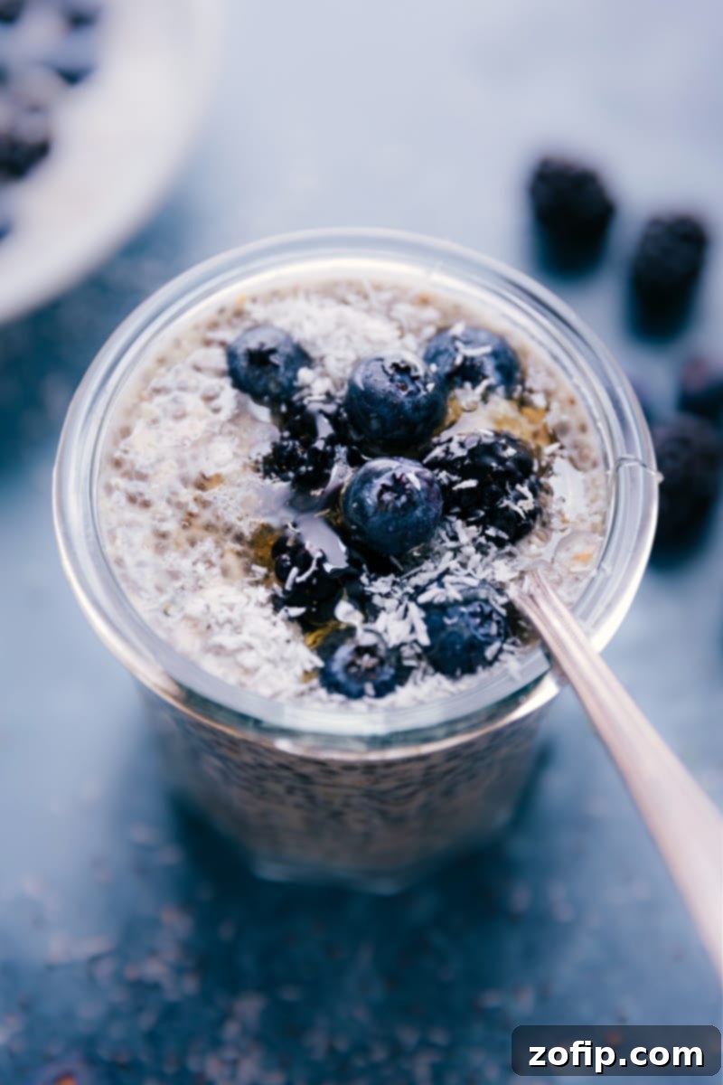 Fresh Chia Seed Pudding with Blueberries: A perfect healthy and quick breakfast. Up-close image of a beautifully prepared Chia Seed Pudding with fresh blueberries on top, ready to eat.