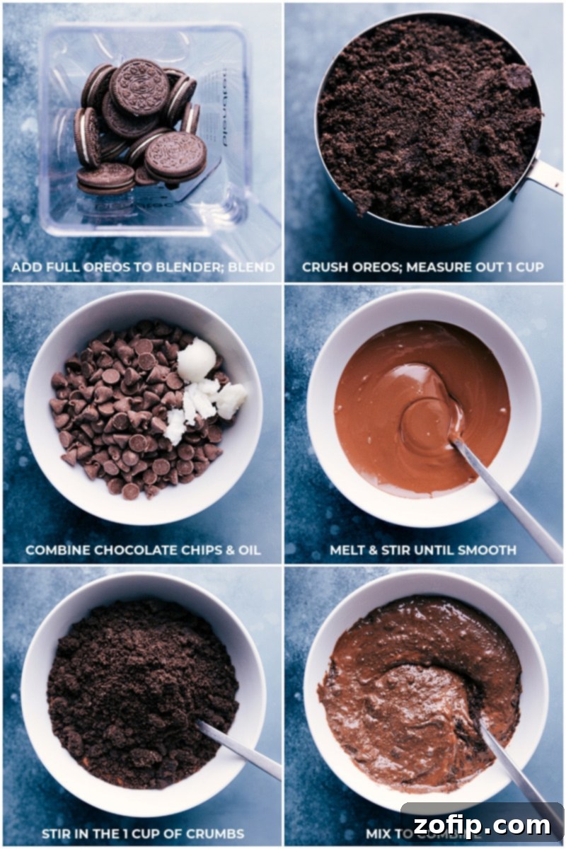 Step-by-step images showing Oreos being crushed, chocolate chips melting in a bowl, and crushed Oreos being mixed into melted chocolate.