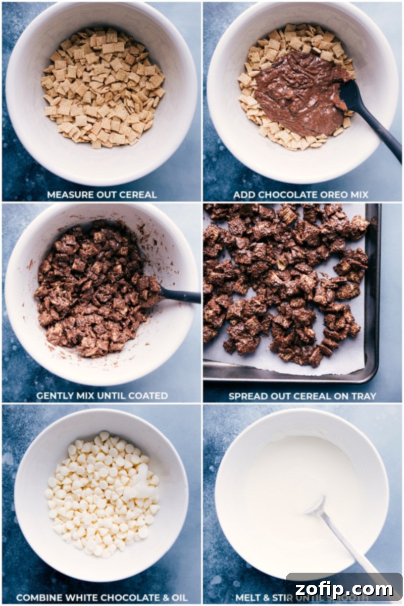 Process shots: showing Chex cereal being coated with chocolate and mixed, followed by white chocolate melting in a bowl.