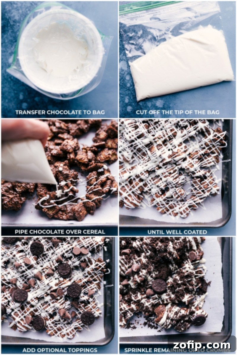 Process shots showing melted white chocolate being drizzled over the chocolate-coated Chex cereal and optional toppings being added, creating the final Cookies and Cream Muddy Buddies.