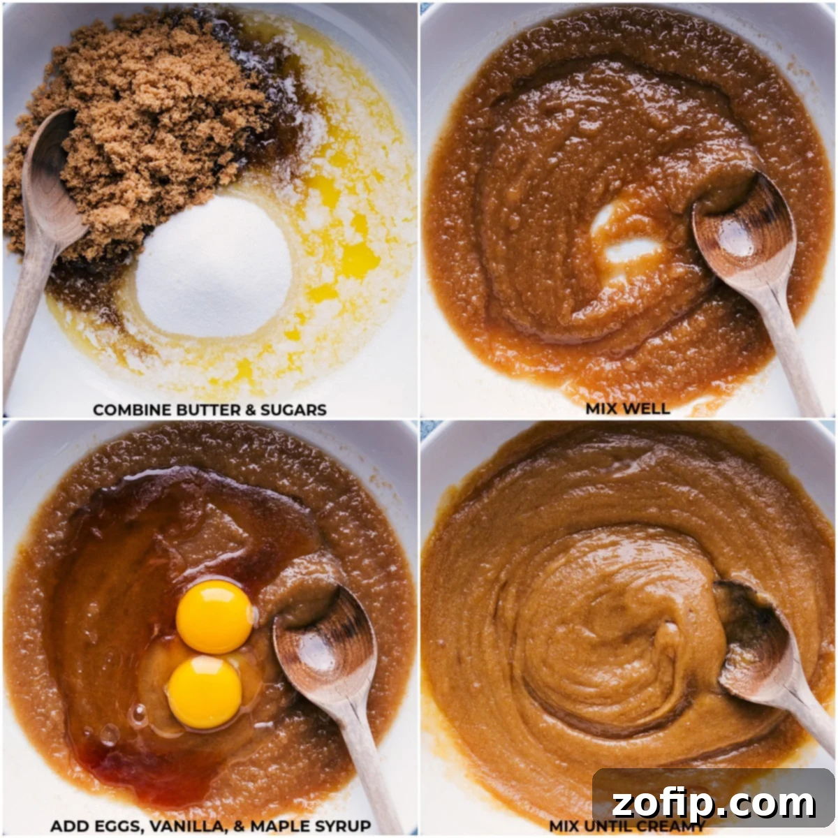 Step-by-step imagery showing butter and sugars being combined, followed by the addition of eggs, vanilla extract, and maple syrup, illustrating the initial stages of mixing the cookie bar dough.