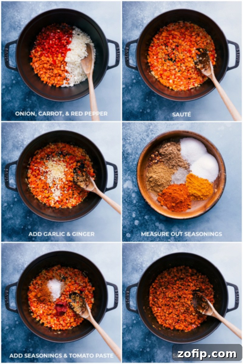 A sequence of images showing the preparation steps for Vegetarian Tikka Masala: first, fresh vegetables like onions, carrots, and bell peppers being sautéed in a pot; then, the fragrant spices and rich tomato paste being added to the sautéed vegetables; finally, all ingredients being thoroughly mixed and cooked together to build the flavor base.