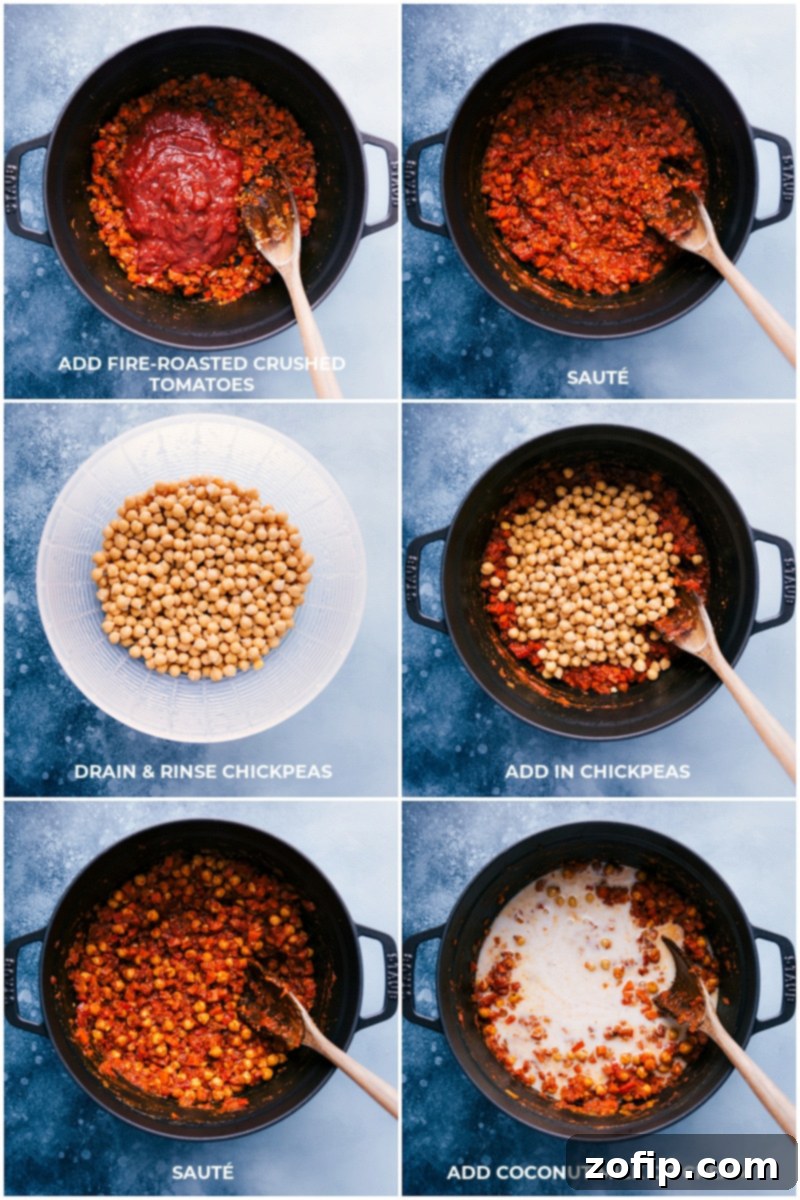 Illustrative image showing crushed tomatoes, chickpeas, and rich coconut milk being carefully added and gently stirred together in a pot, demonstrating a key step in creating the creamy, flavorful sauce for this vegetarian tikka masala.
