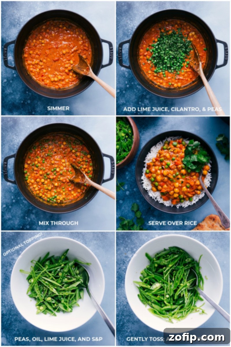 The final stages of cooking Vegetarian Tikka Masala: first, the curry gently simmering to thicken; then, fresh lime juice, vibrant cilantro, and sweet peas being stirred in to finish the dish; finally, the delicious meal served over fluffy rice, beautifully garnished with crisp snap peas.