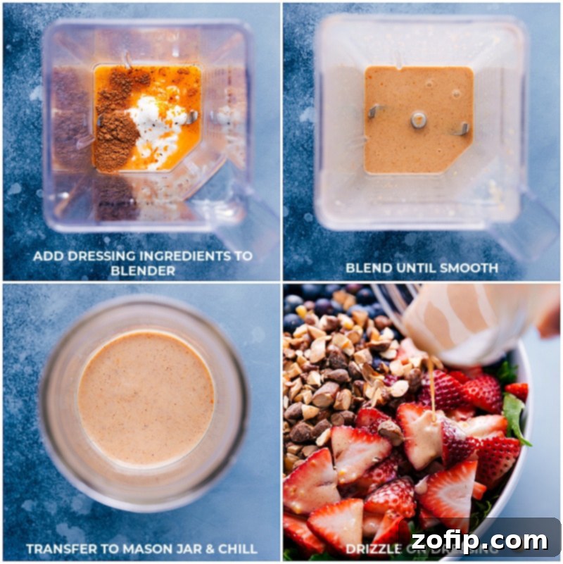 Step-by-step process of making the cinnamon-yogurt dressing: blending ingredients until smooth, chilling, and pouring over the salad.