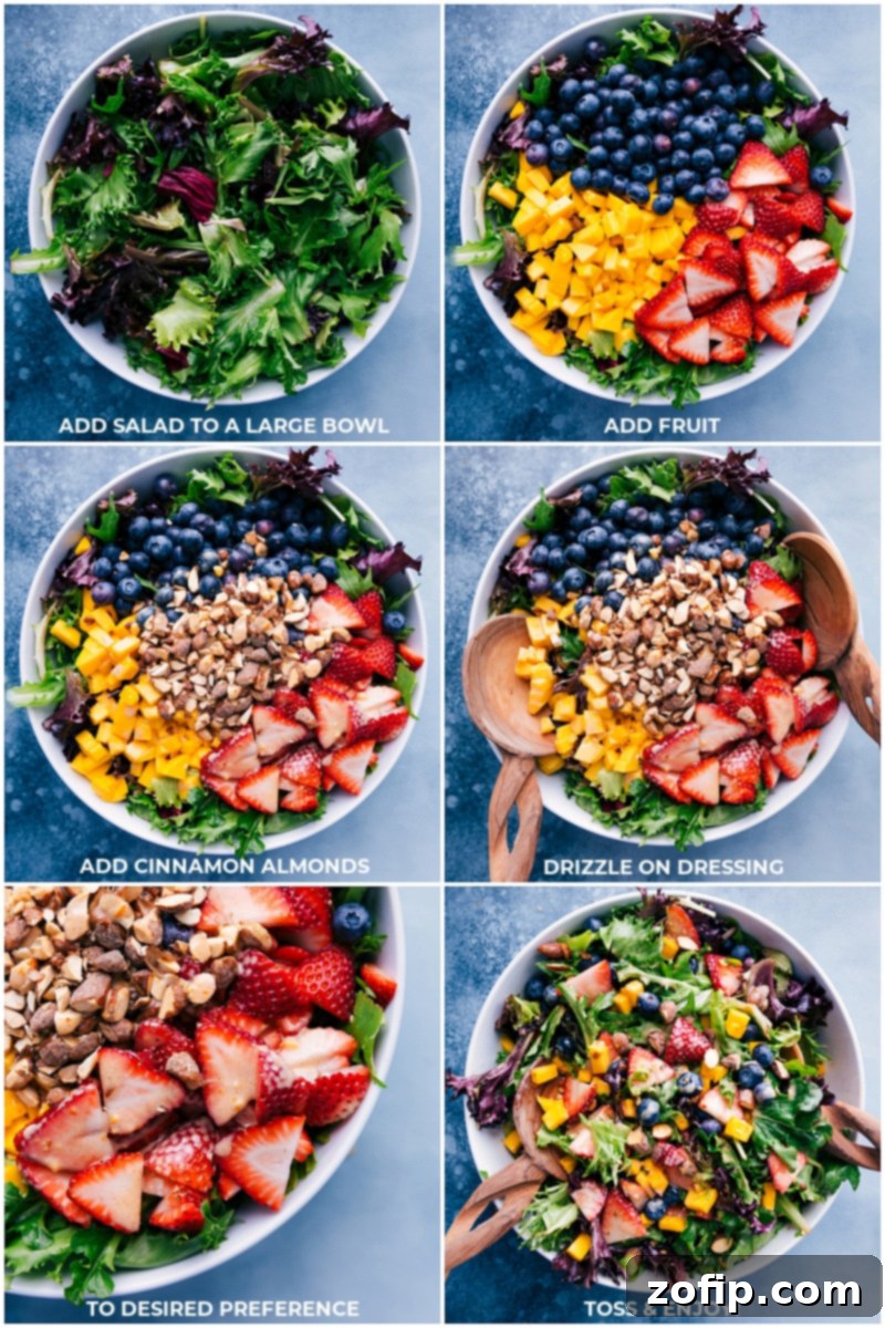 Process shots showing how to assemble the Mango Salad: adding fruit to greens, topping with cinnamon almonds, and drizzling with dressing.
