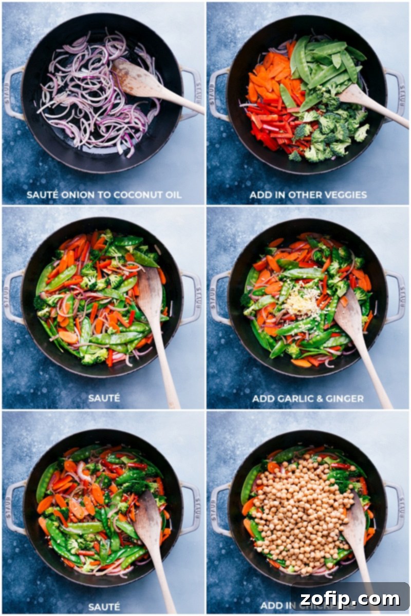 Process images showing vegetables like onions, carrots, broccoli, and bell peppers being sautéed in a large skillet, followed by the addition of chickpeas.