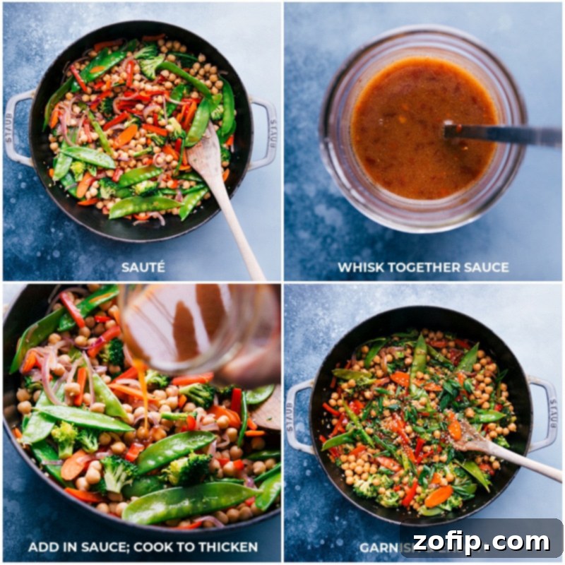 Process images showing the General Tso sauce being poured into the skillet with sautéed chickpeas and vegetables, then stirred to thicken and coat.