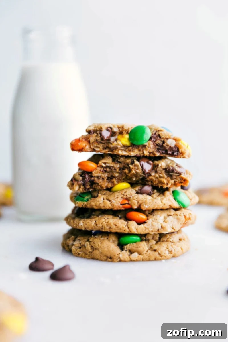 Healthy Monster Cookies stacked on top of each other with one broken in half showing off the middle, showcasing their soft, chewy texture and delicious chocolate chips and M&M's.