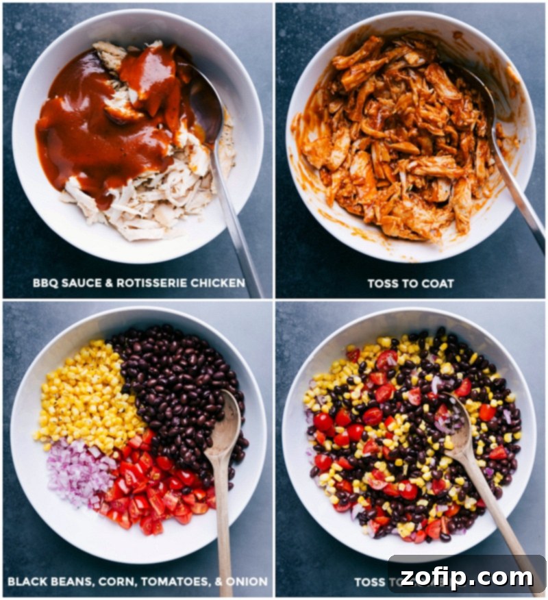 Mixing BBQ sauce with rotisserie chicken, assembling black beans, corn, tomatoes, and onions, and tossing to combine to make the delicious BBQ chicken tacos recipe.