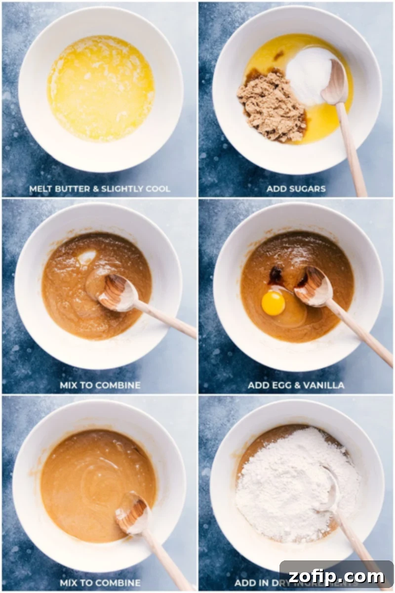 Customize your deep dish Pizookie with favorite toppings like ice cream and chocolate or caramel sauce. Process shots showing wet and dry ingredients being prepped and mixed together for an Air Fryer Pizookie.