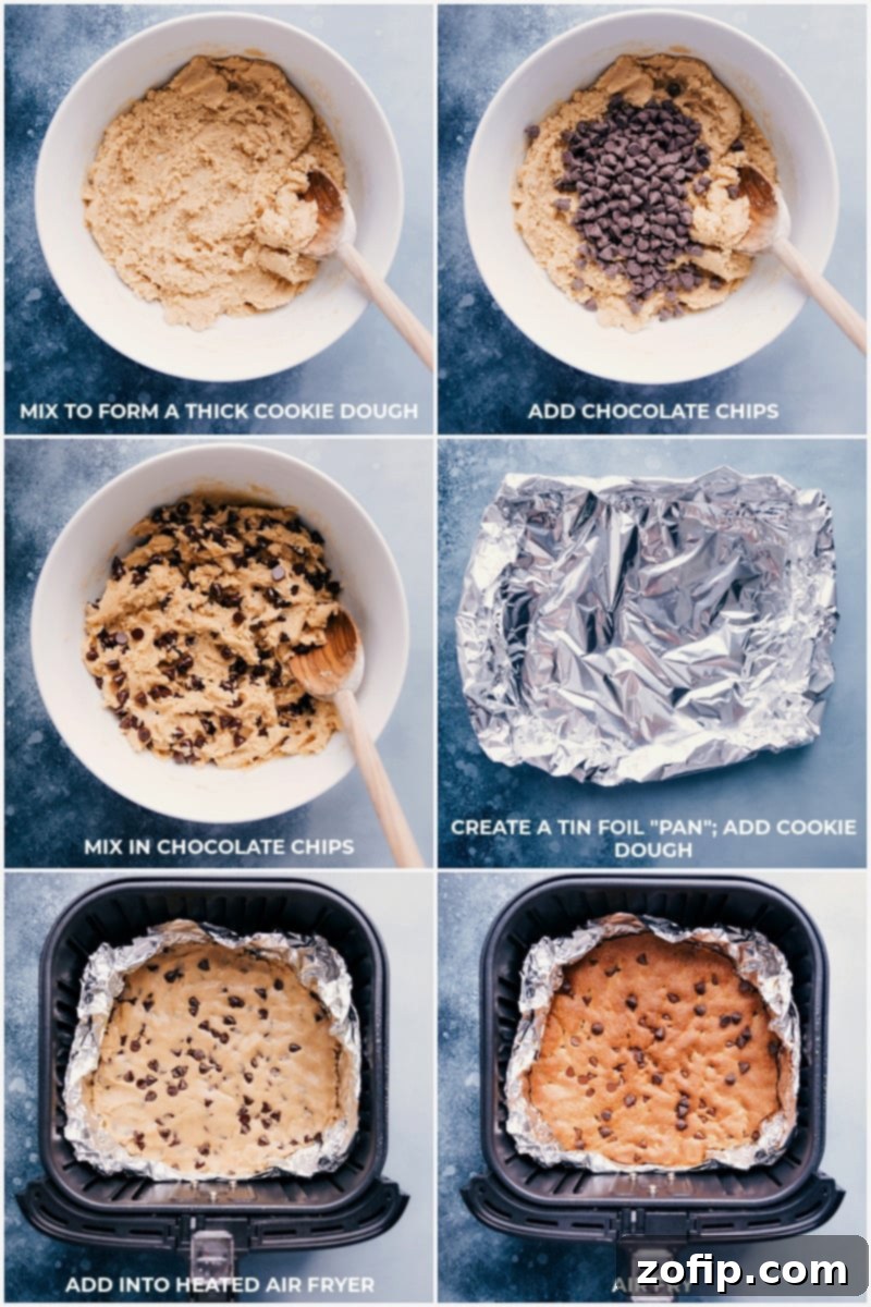 This Air Fryer Pizookie is ready in a fraction of the time compared to oven-baked methods! Process shots illustrating the steps of making an Air Fryer Pizookie, from mixing to placing in the air fryer.