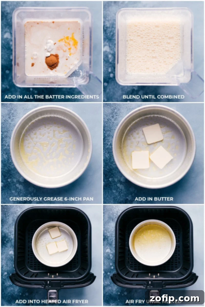 Easily create the Air Fryer Dutch Baby batter by blending all ingredients for a smooth and lump-free mixture, ensuring perfect puff. Step-by-step process of preparing Air Fryer Dutch Baby batter in a blender, showing milk, eggs, and flour.